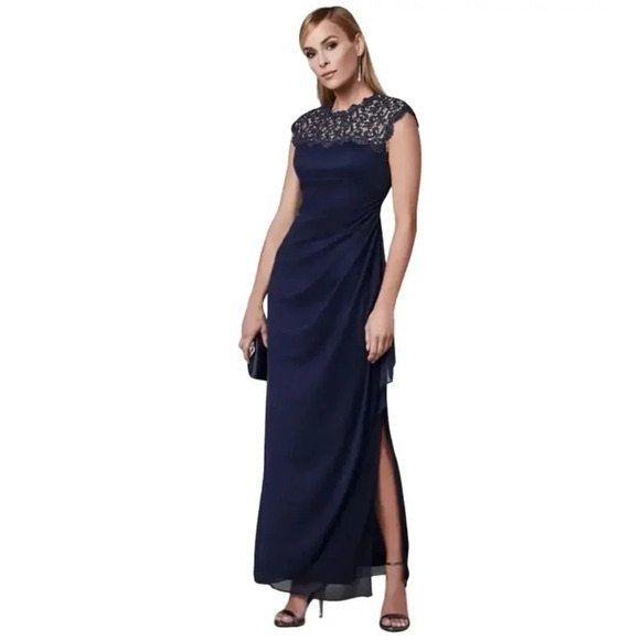 NWT Alex Evenings Draped Evening Dress in Navy w/ Metallic Lace Cut-Out Size 6 - Picture 10 of 10